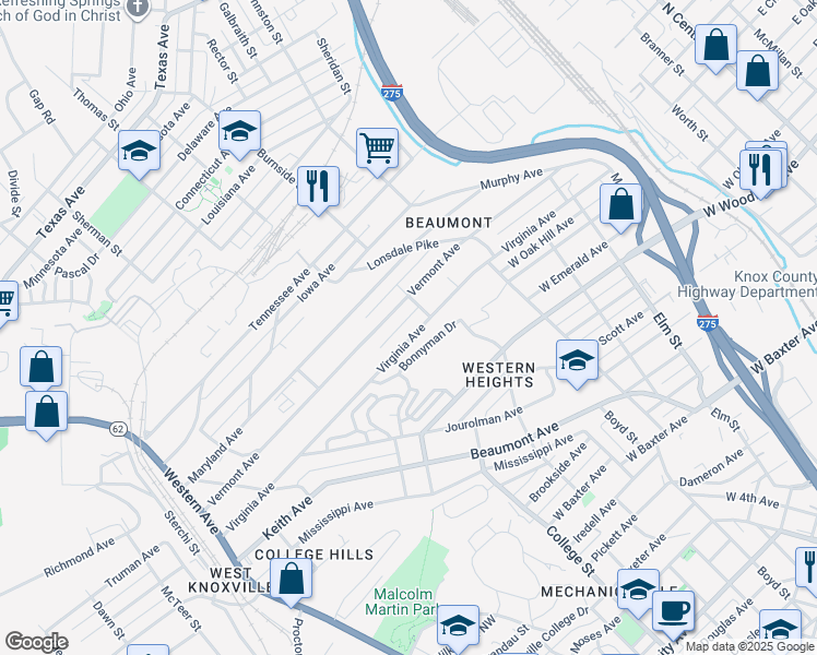 map of restaurants, bars, coffee shops, grocery stores, and more near 1245 Virginia Avenue in Knoxville