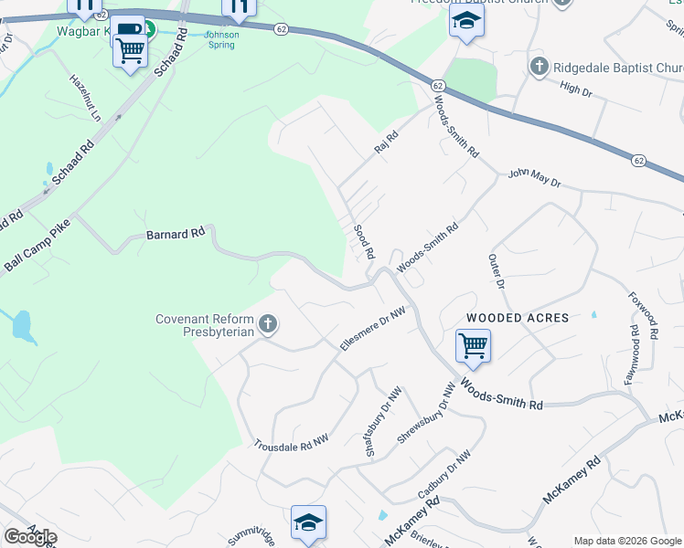 map of restaurants, bars, coffee shops, grocery stores, and more near 2834 Barnard Road in Knoxville
