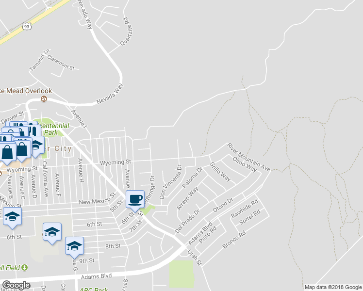 map of restaurants, bars, coffee shops, grocery stores, and more near 511 Don Vincente Court in Boulder City