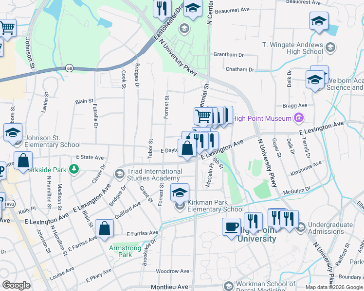 map of restaurants, bars, coffee shops, grocery stores, and more near 1004 Charlotte Avenue in High Point
