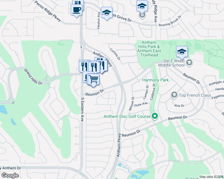 map of restaurants, bars, coffee shops, grocery stores, and more near 2502 Romanza Road in Henderson