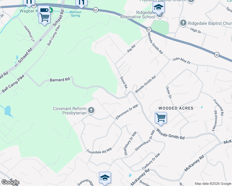 map of restaurants, bars, coffee shops, grocery stores, and more near 2834 Barnard Road in Knoxville