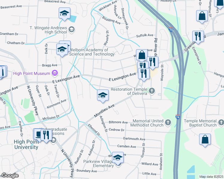 map of restaurants, bars, coffee shops, grocery stores, and more near 2416 Williams Avenue in High Point
