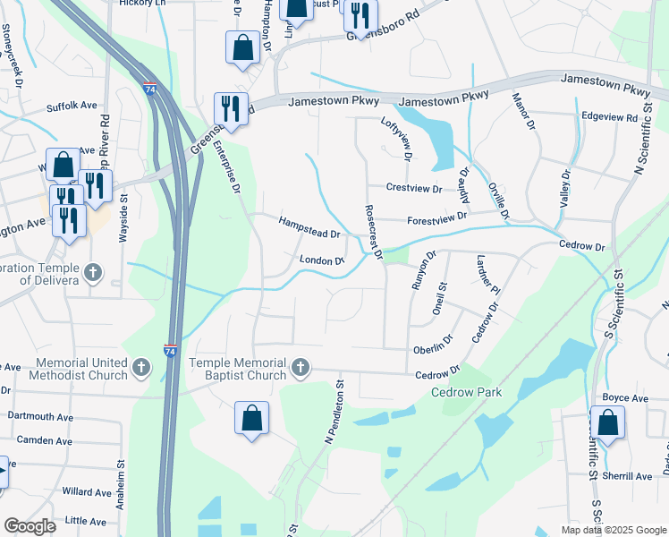 map of restaurants, bars, coffee shops, grocery stores, and more near 1459 London Drive in High Point
