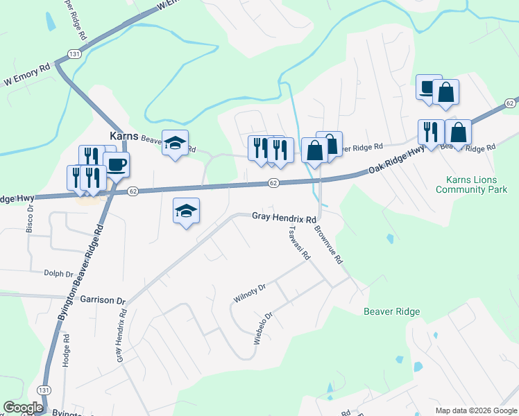 map of restaurants, bars, coffee shops, grocery stores, and more near 7675 Oak Ridge Highway in Knoxville