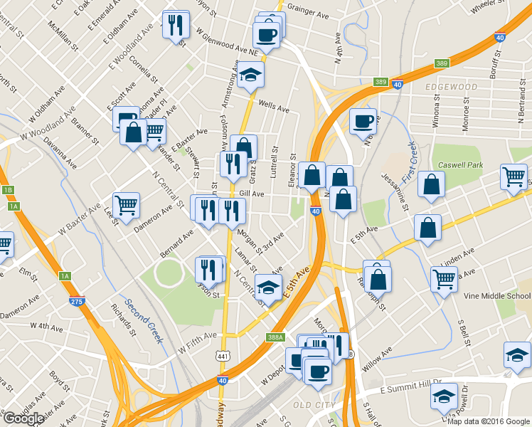 map of restaurants, bars, coffee shops, grocery stores, and more near 416 Lovenia Ave NE in Knoxville