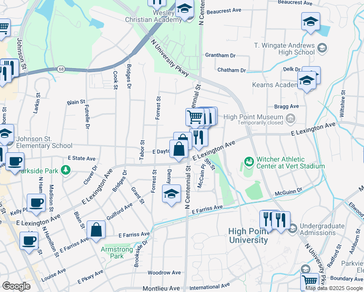 map of restaurants, bars, coffee shops, grocery stores, and more near 1004 Charlotte Avenue in High Point