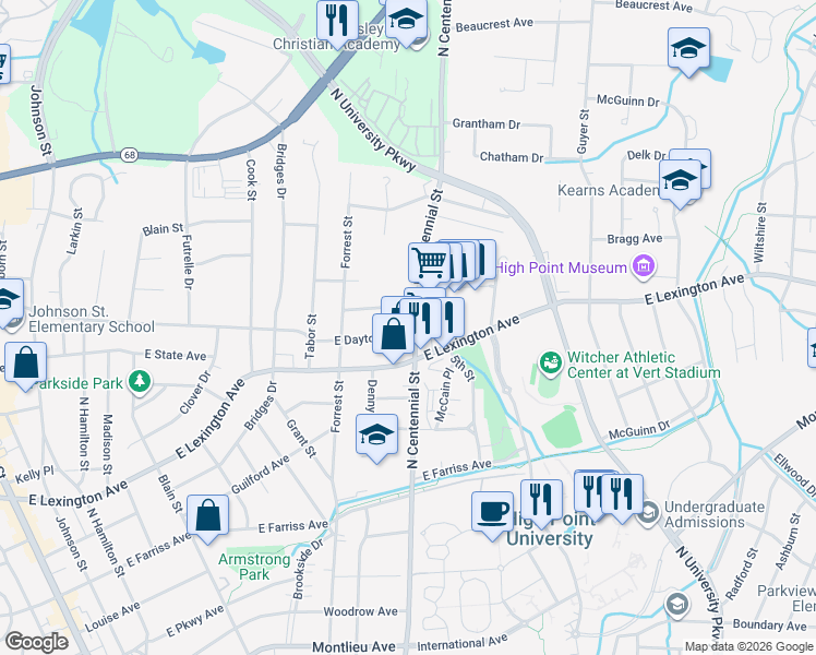map of restaurants, bars, coffee shops, grocery stores, and more near 1004 Charlotte Avenue in High Point