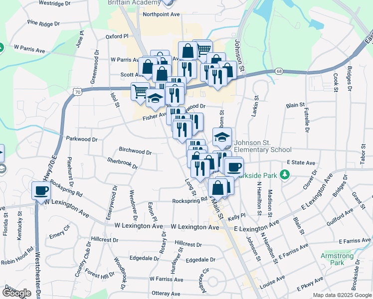 map of restaurants, bars, coffee shops, grocery stores, and more near 1800 North Main Street in High Point