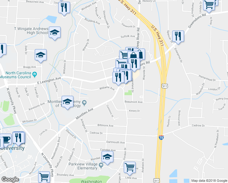 map of restaurants, bars, coffee shops, grocery stores, and more near 1211 Montlieu Avenue in High Point