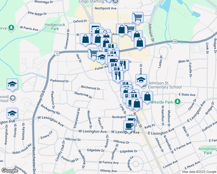 map of restaurants, bars, coffee shops, grocery stores, and more near 1606 Long Street in High Point