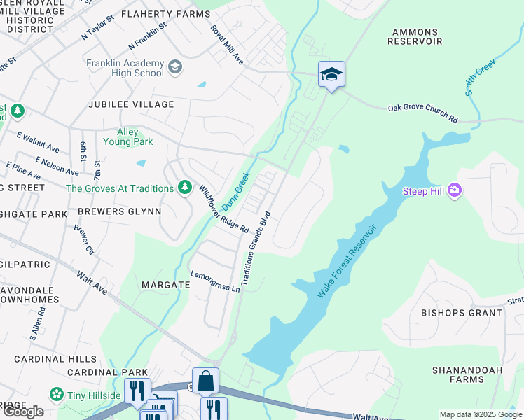 map of restaurants, bars, coffee shops, grocery stores, and more near 426 Retreat Lane in Wake Forest