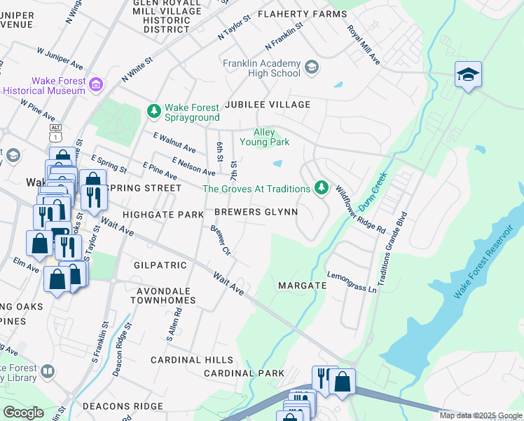 map of restaurants, bars, coffee shops, grocery stores, and more near 814 Durkyn Place in Wake Forest