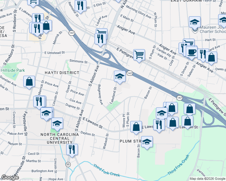 map of restaurants, bars, coffee shops, grocery stores, and more near 1500 Mathison Street in Durham