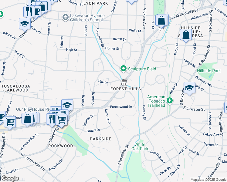 map of restaurants, bars, coffee shops, grocery stores, and more near 19 Oak Drive in Durham