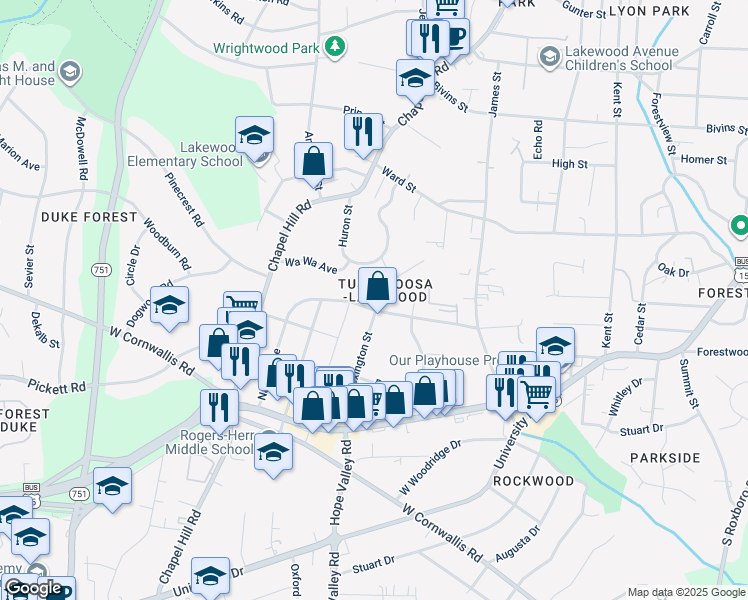 map of restaurants, bars, coffee shops, grocery stores, and more near in Durham