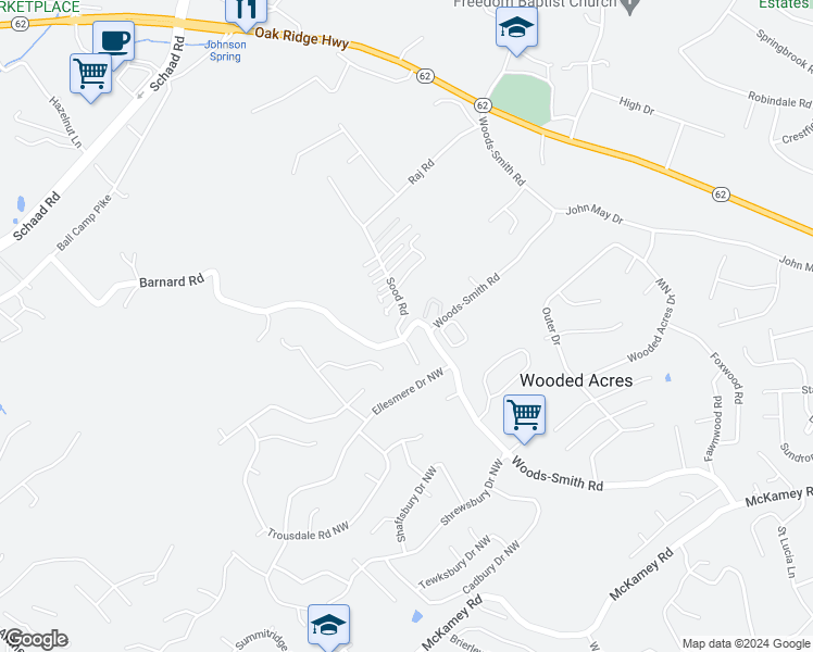 map of restaurants, bars, coffee shops, grocery stores, and more near 2705 Sood Road in Knoxville