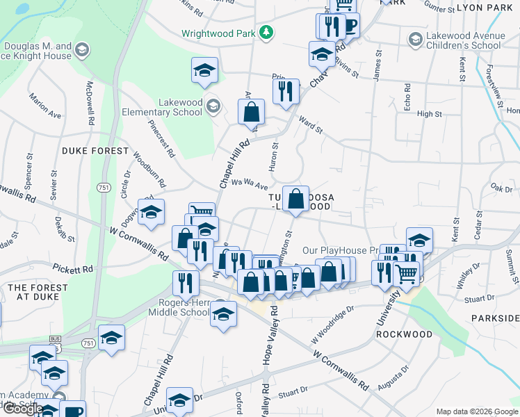 map of restaurants, bars, coffee shops, grocery stores, and more near 2512 Nation Avenue in Durham