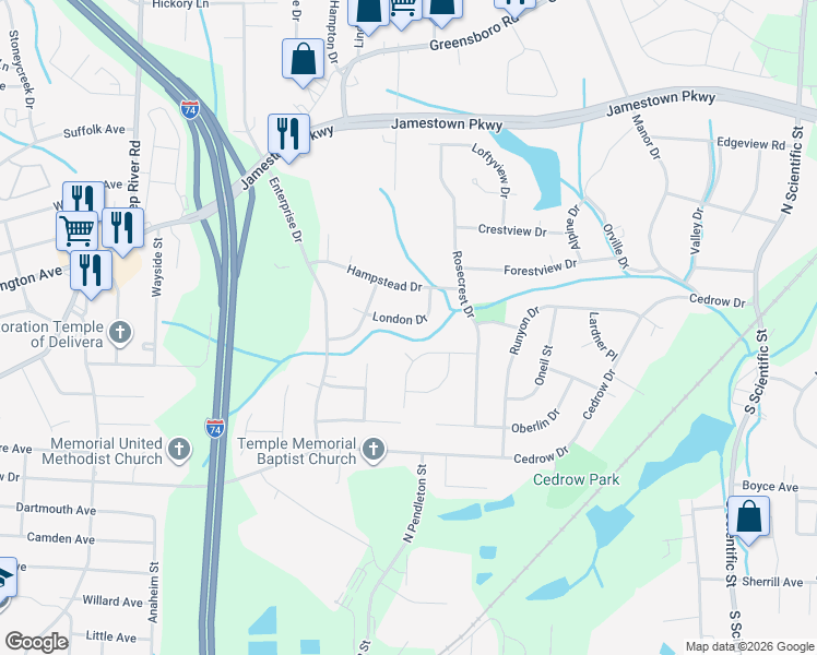 map of restaurants, bars, coffee shops, grocery stores, and more near 1459 London Drive in High Point