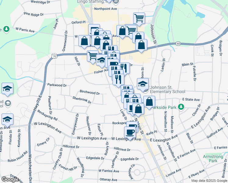 map of restaurants, bars, coffee shops, grocery stores, and more near 1606 Long Street in High Point