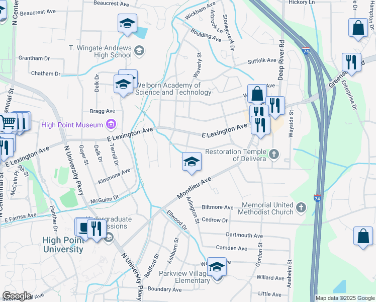 map of restaurants, bars, coffee shops, grocery stores, and more near 2311 Williams Avenue in High Point