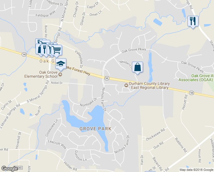 map of restaurants, bars, coffee shops, grocery stores, and more near 4104 Hampstead Village Drive in Durham