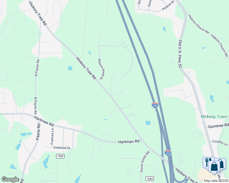 map of restaurants, bars, coffee shops, grocery stores, and more near 1380 Hickory Tree Road in Winston-Salem