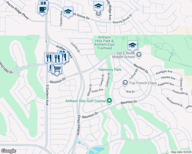 map of restaurants, bars, coffee shops, grocery stores, and more near 2378 Falsetto Avenue in Henderson