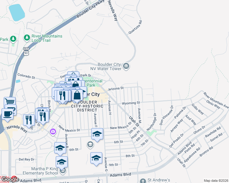 map of restaurants, bars, coffee shops, grocery stores, and more near in Boulder City