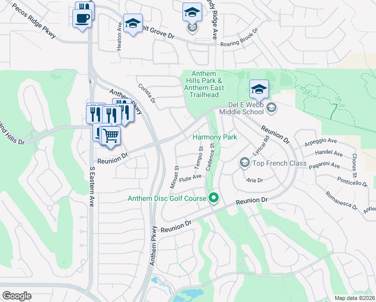 map of restaurants, bars, coffee shops, grocery stores, and more near 2378 Falsetto Avenue in Henderson