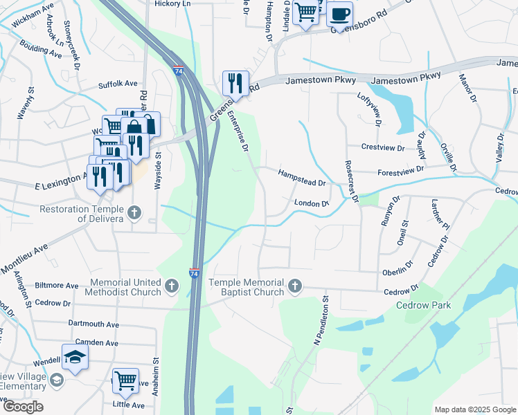 map of restaurants, bars, coffee shops, grocery stores, and more near 1113 Enterprise Drive in High Point