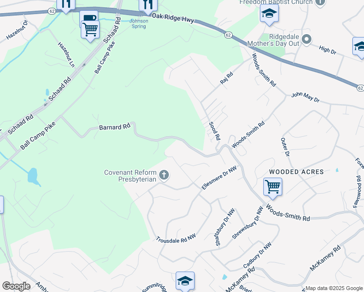 map of restaurants, bars, coffee shops, grocery stores, and more near 2915 Barnard Road in Knoxville