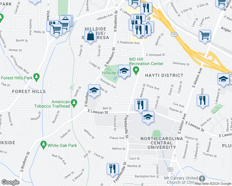 map of restaurants, bars, coffee shops, grocery stores, and more near 1507 Concord Street in Durham