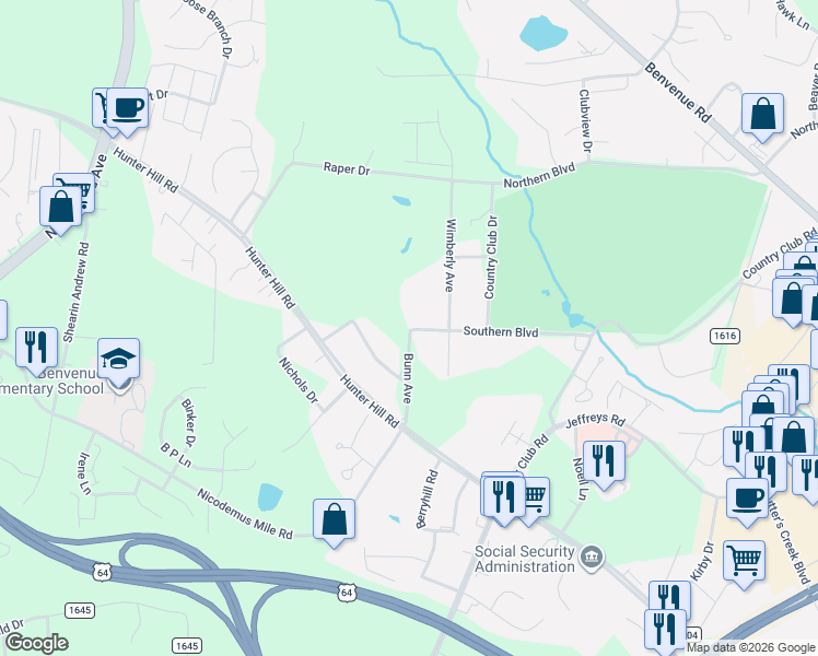 map of restaurants, bars, coffee shops, grocery stores, and more near 330 Bunn Avenue in Rocky Mount