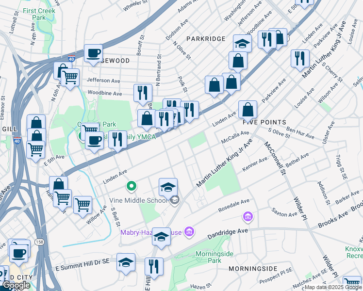 map of restaurants, bars, coffee shops, grocery stores, and more near 1832 Linden Avenue in Knoxville