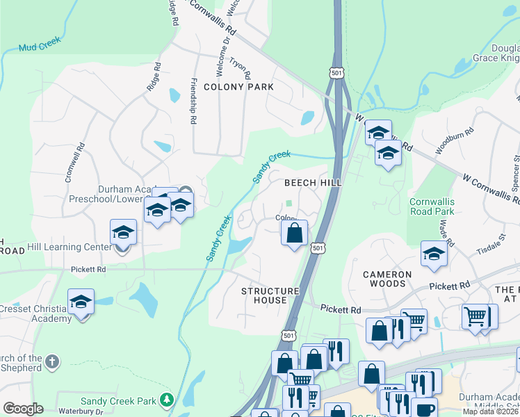 map of restaurants, bars, coffee shops, grocery stores, and more near 3086 Colony Road in Durham