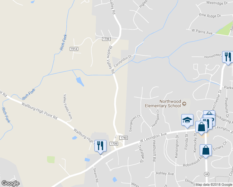 map of restaurants, bars, coffee shops, grocery stores, and more near Shadow Valley Road in High Point