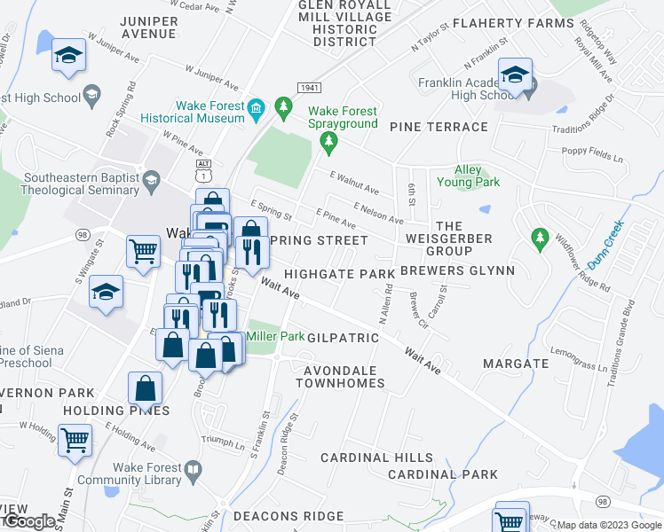 map of restaurants, bars, coffee shops, grocery stores, and more near 257 Highgate Circle in Wake Forest