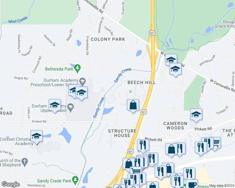 map of restaurants, bars, coffee shops, grocery stores, and more near 3086 Colony Road in Durham