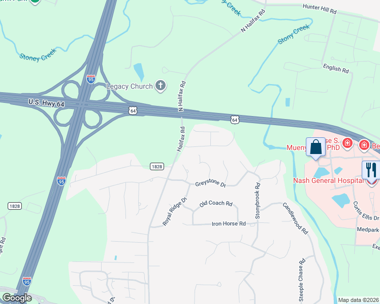 map of restaurants, bars, coffee shops, grocery stores, and more near 3216 Abbey Road in Rocky Mount