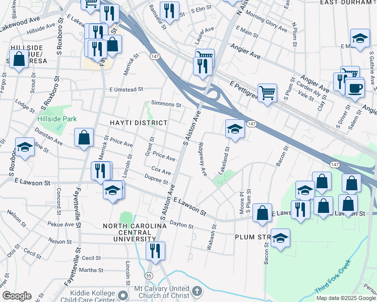 map of restaurants, bars, coffee shops, grocery stores, and more near 1210 Linwood Avenue in Durham