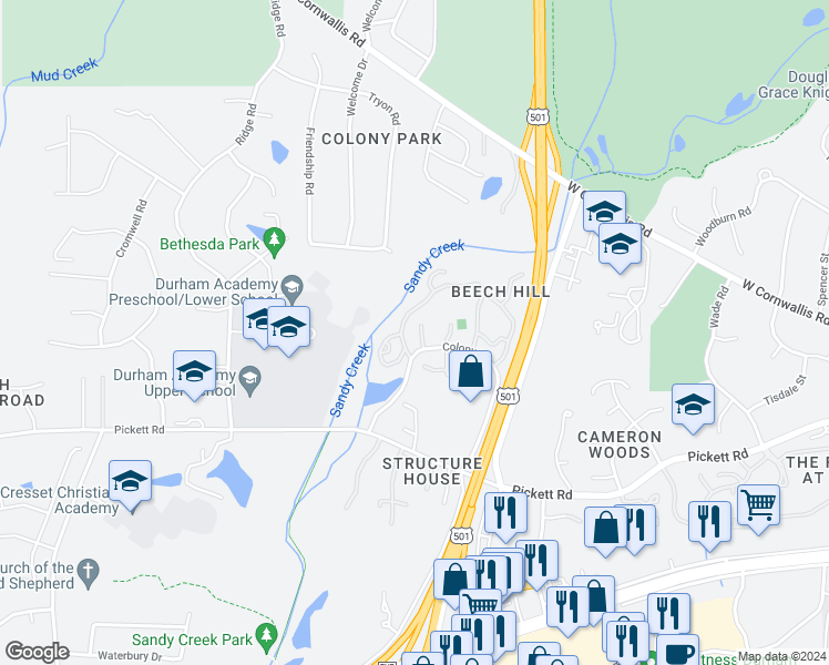 map of restaurants, bars, coffee shops, grocery stores, and more near 3086 Colony Road in Durham