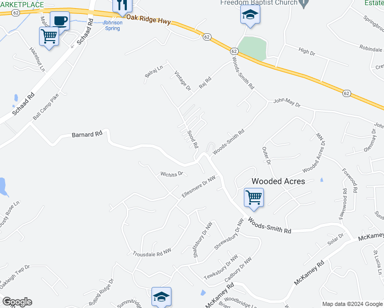 map of restaurants, bars, coffee shops, grocery stores, and more near 2705 Sood Road in Knoxville