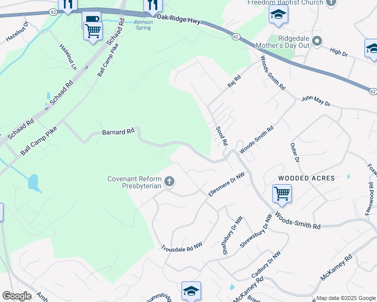 map of restaurants, bars, coffee shops, grocery stores, and more near 2915 Barnard Road in Knoxville