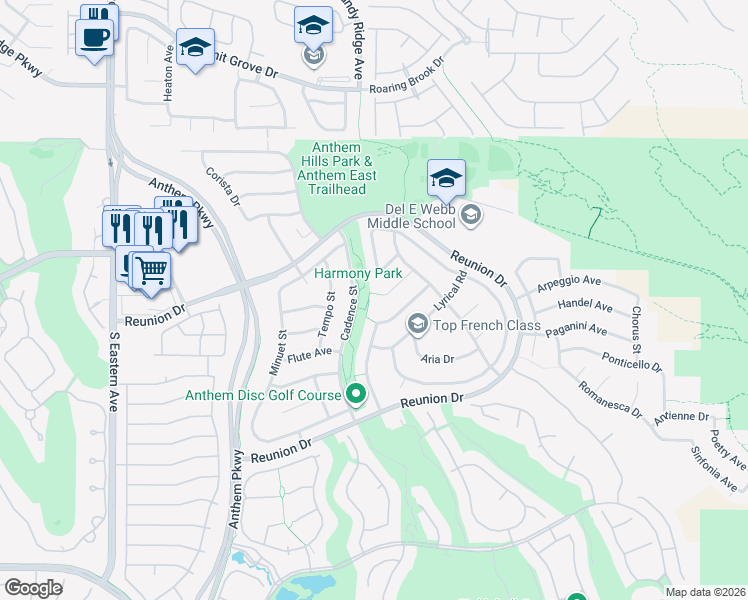 map of restaurants, bars, coffee shops, grocery stores, and more near 2276 Pacini Court in Henderson