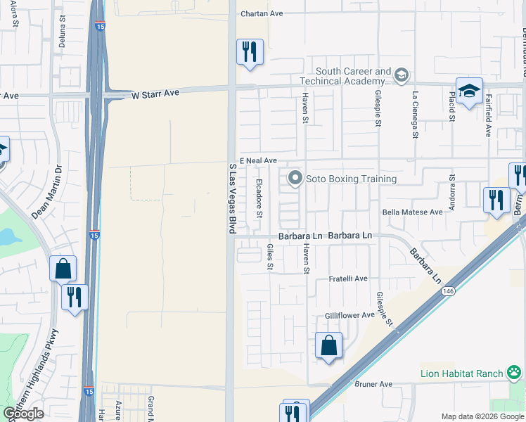map of restaurants, bars, coffee shops, grocery stores, and more near 27 Calm Creek Court in Las Vegas