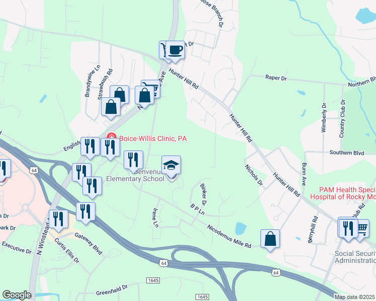 map of restaurants, bars, coffee shops, grocery stores, and more near North Street in Rocky Mount