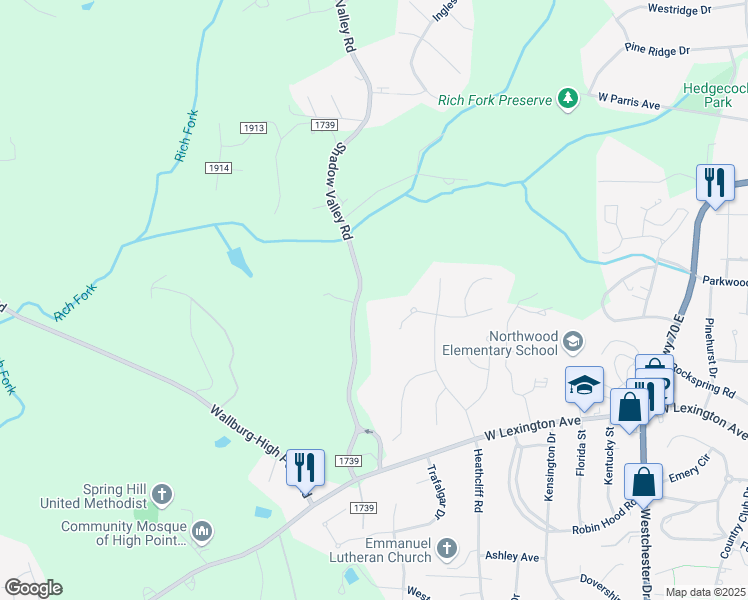 map of restaurants, bars, coffee shops, grocery stores, and more near 210 Shadow Valley Road in High Point