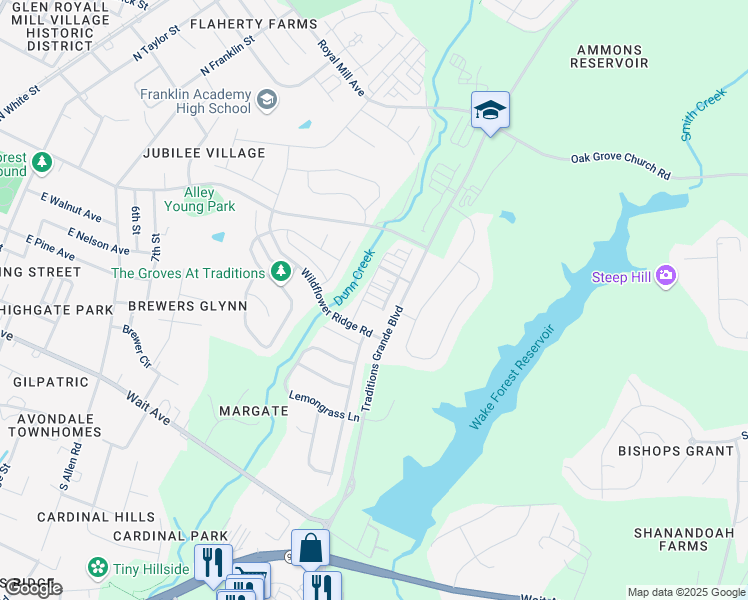 map of restaurants, bars, coffee shops, grocery stores, and more near 409 Retreat Lane in Wake Forest