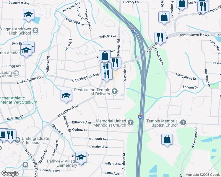 map of restaurants, bars, coffee shops, grocery stores, and more near 2431 Williams Avenue in High Point